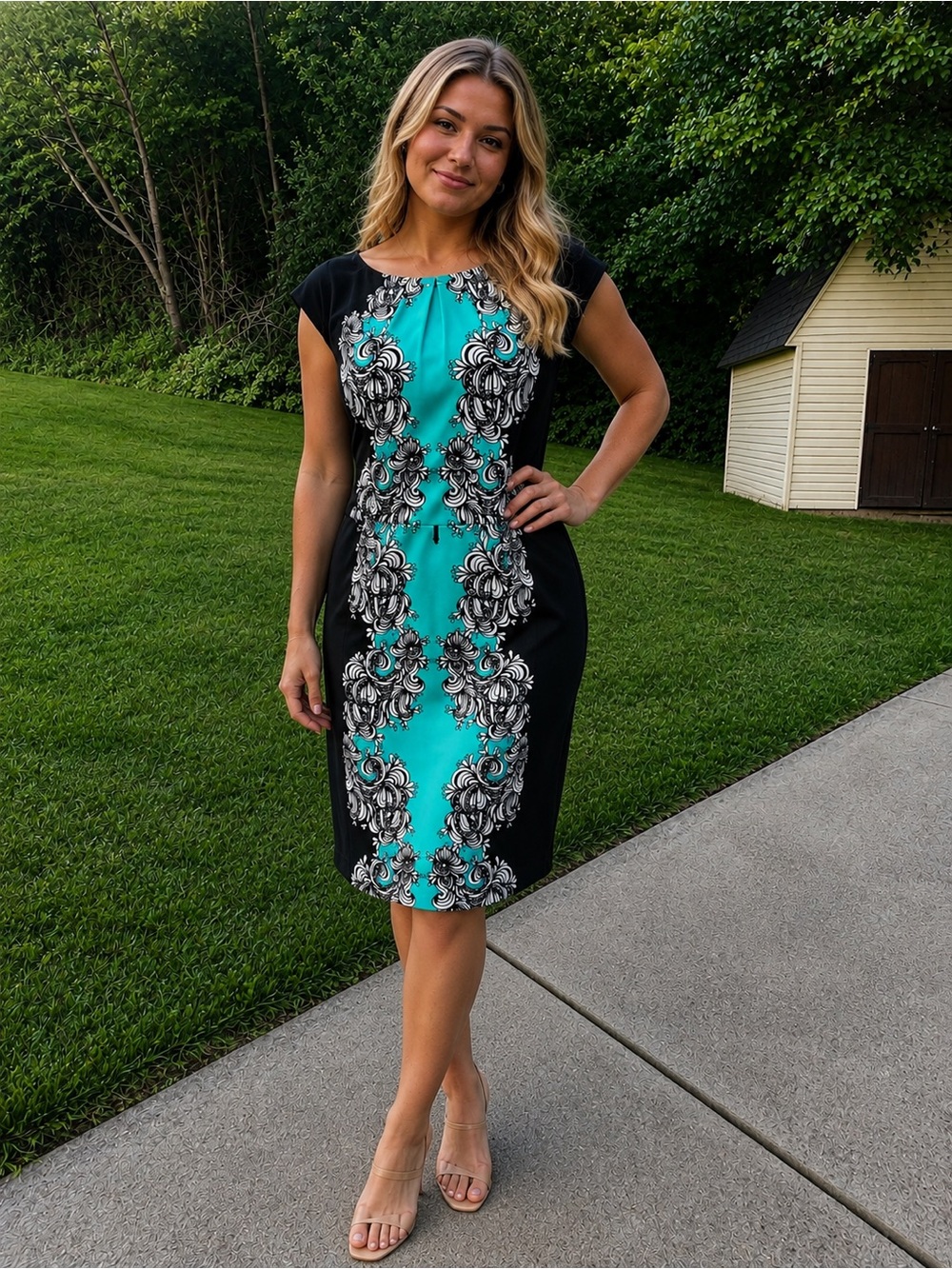 London Times Black & Teal Floral-Panel Sheath Dress